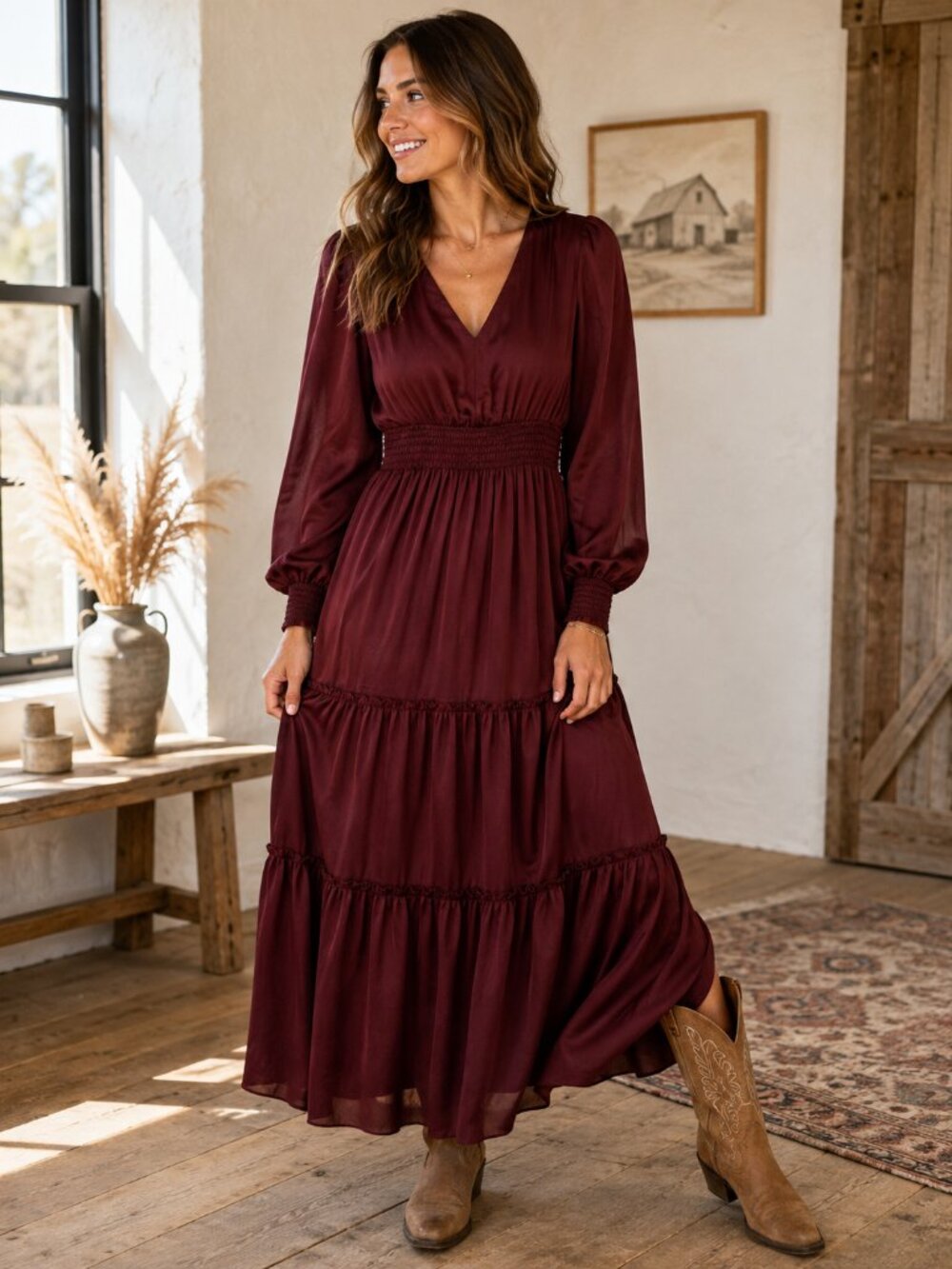Mikarose Burgundy Maxi Dress XS NWT Smocked Waist Tiered Puff Sleeve 1370